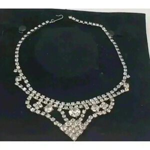 Vintage Clear Rhinestone Necklace Collar Choker 1950s Bride Bib Retro Cute